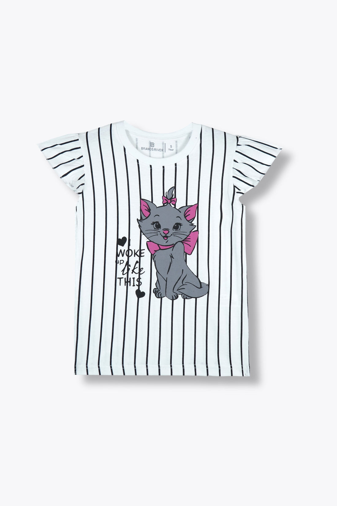 Premium Quality "Kitty" Printed White Striped Girls Summersuit