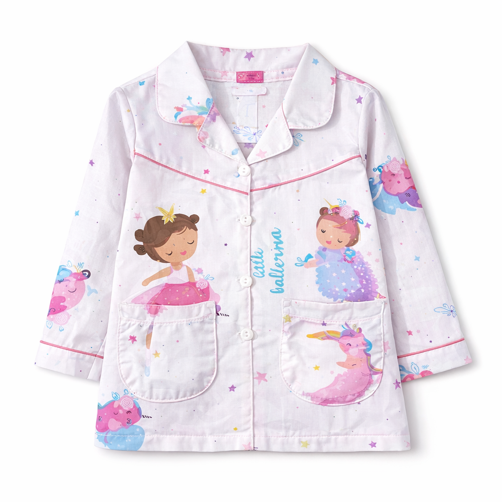 White Ballerina Girl Print 2 Piece Summer Night Suit for 5 - 12 Years