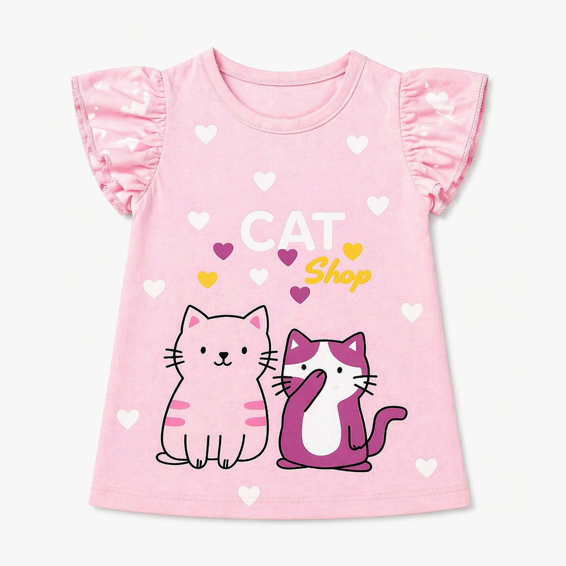 Pink Summer Coord Set for Girls – Cat Print 2-Piece Set (Ages 1-12)