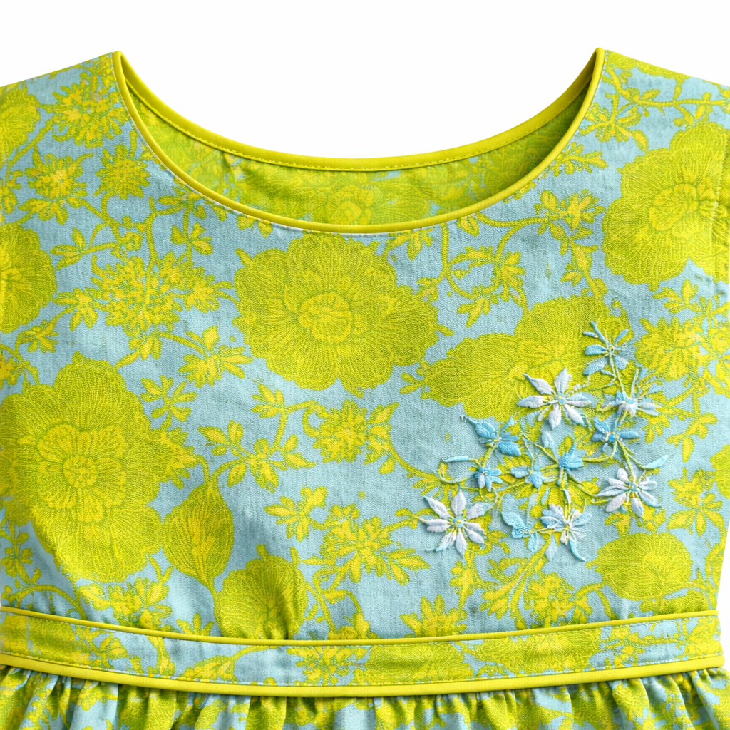 Greenish Yellow Frock with Foral Print (2-Piece)