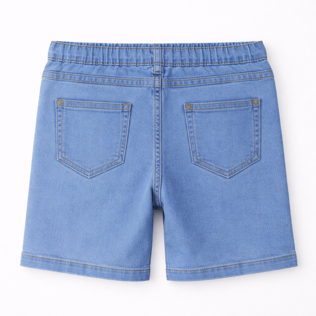 Girls Ice Blue Denim Shorts with Hearts Embroidery