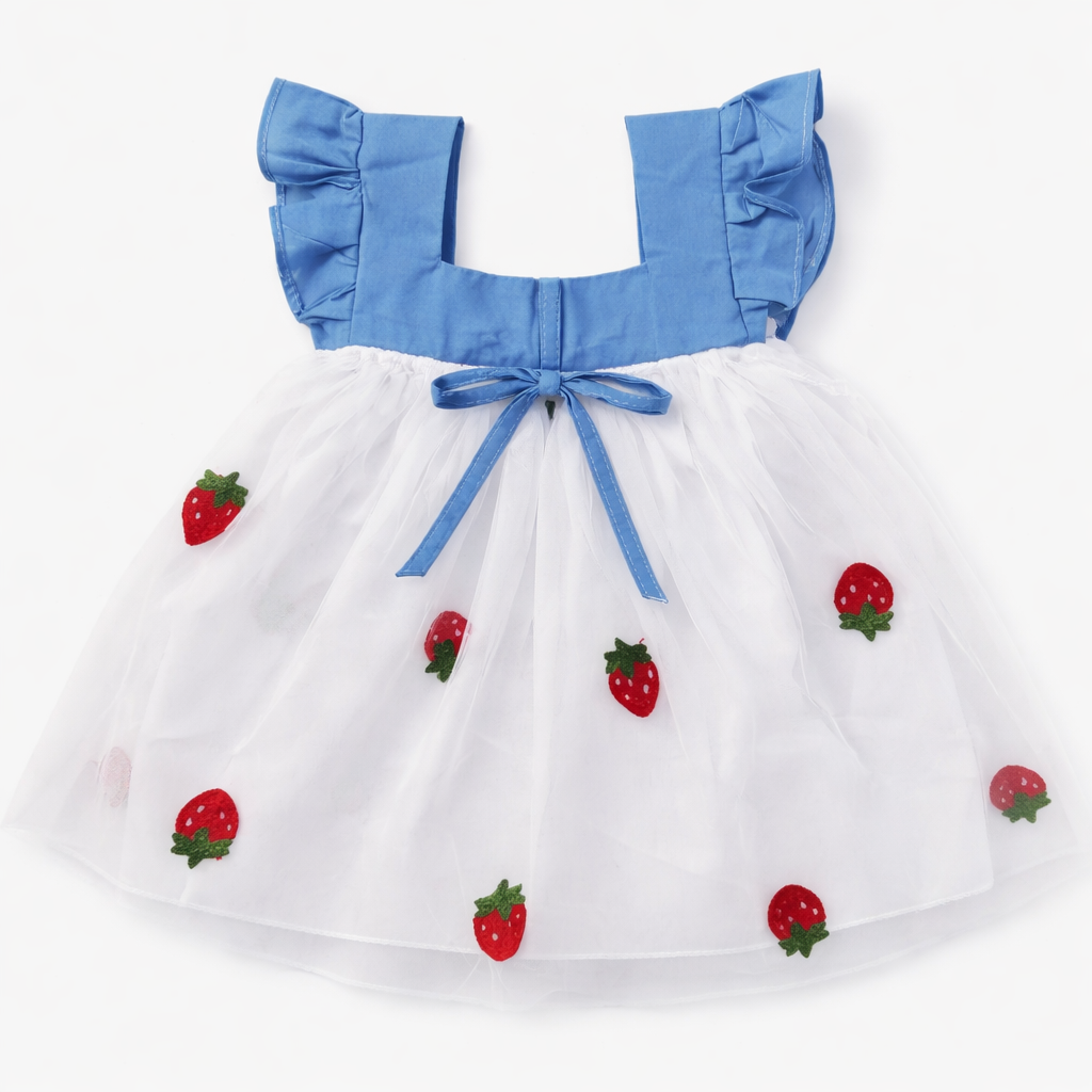 Blue & White Frock with Strawberry Print