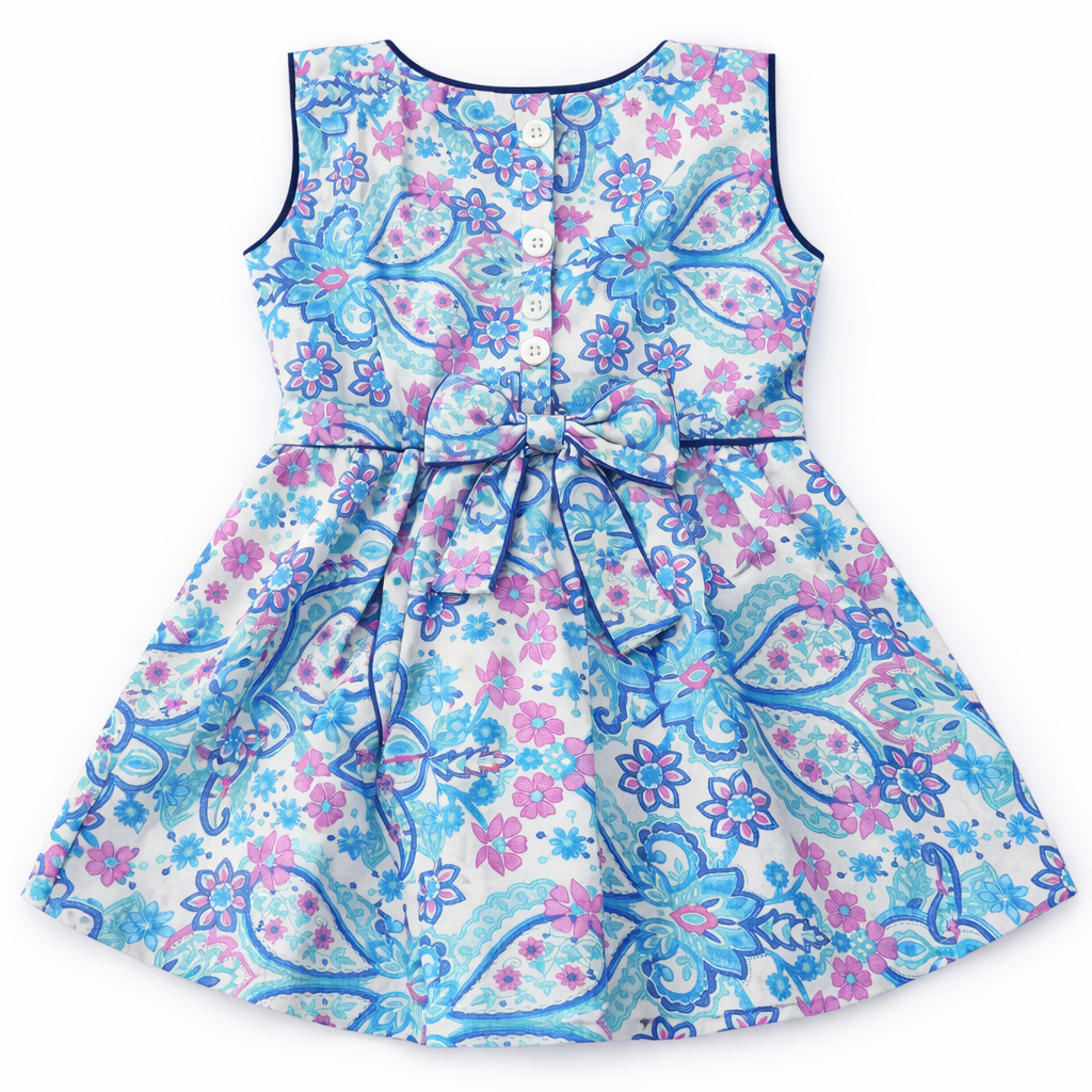White & Blue Frock with Floral Print (2-Piece)