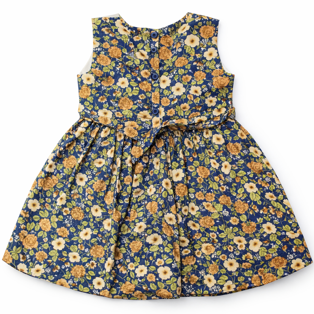 White & Navy Blue Frock with Colorful Floral Print (2-Piece)
