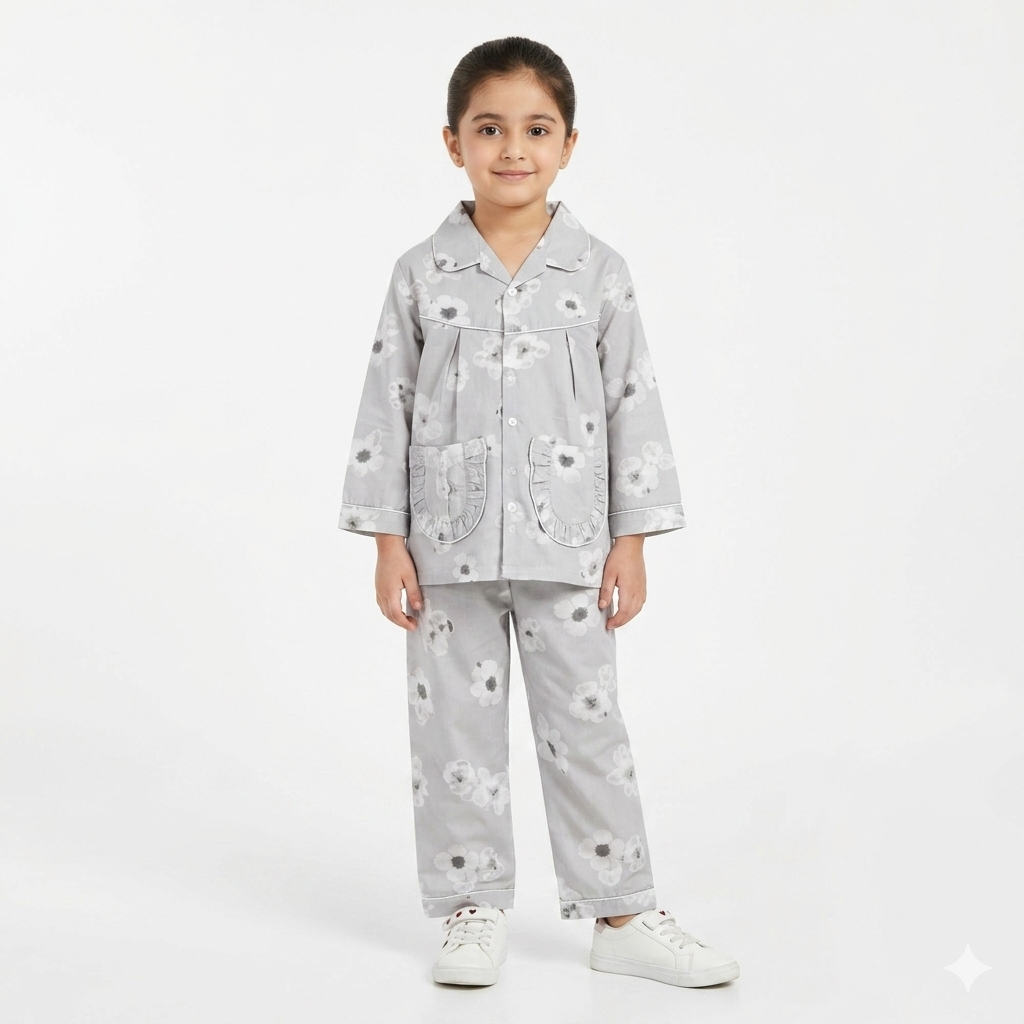 Grey Flower Girl Print 2 Piece Summer Night Suit for 5 - 12 Years