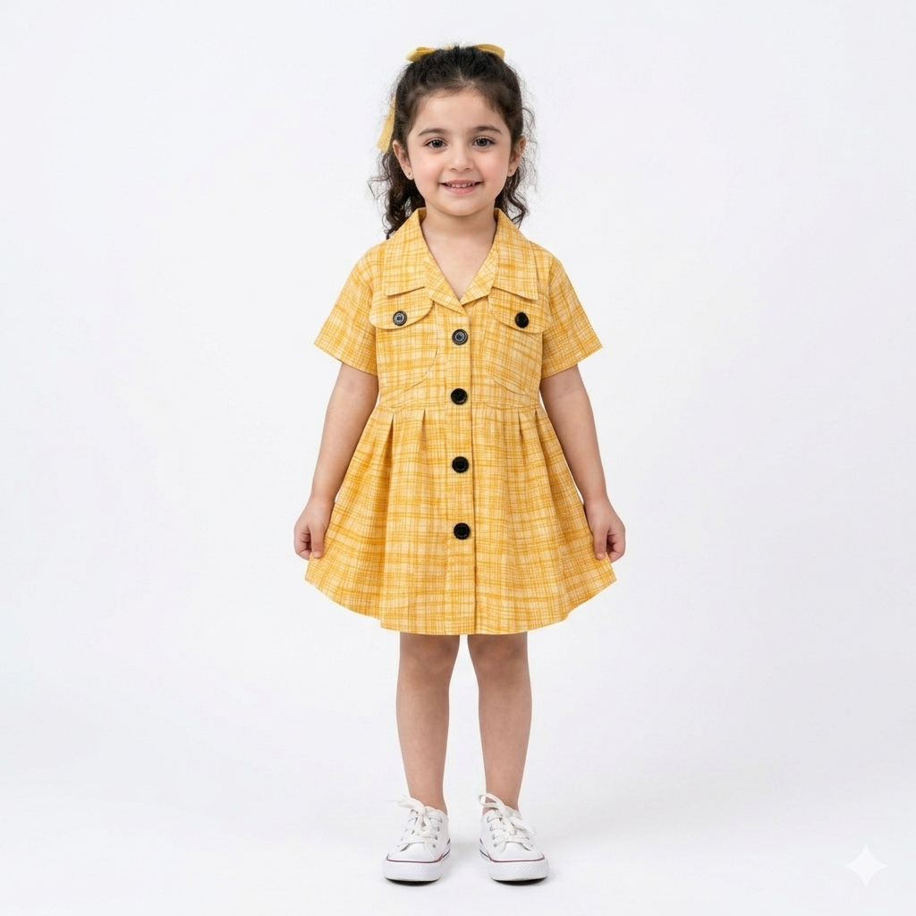 Summer Girls Frock - Orange Cotton Button Design (Ages 2-5)