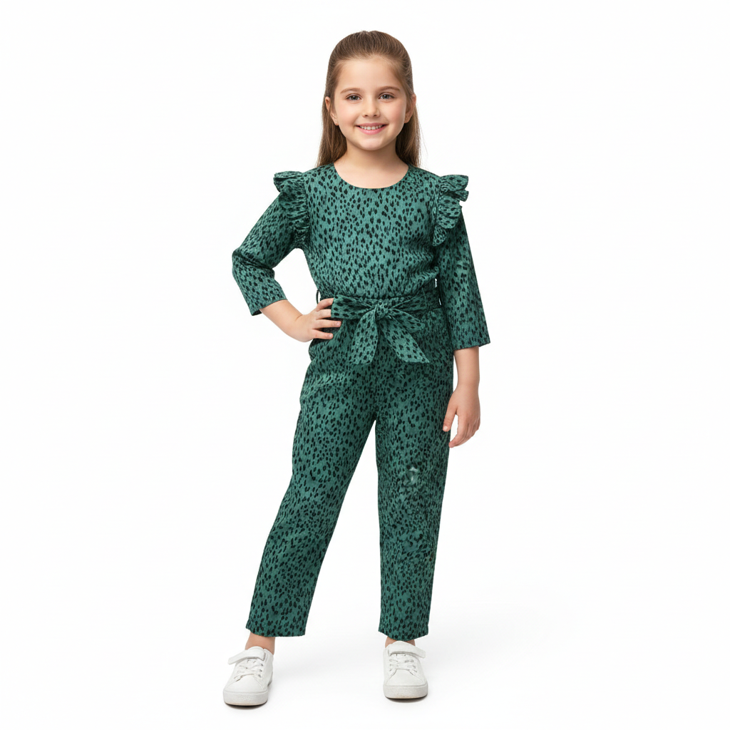 Girls Green Leopard Jumpsuits
