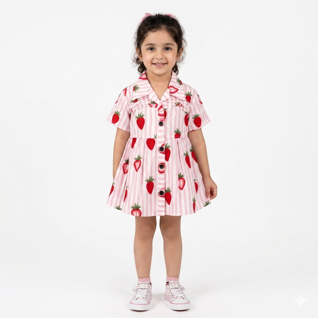 Summer Girls Frock - Pink & White Strawberry Print (Ages 2-5)