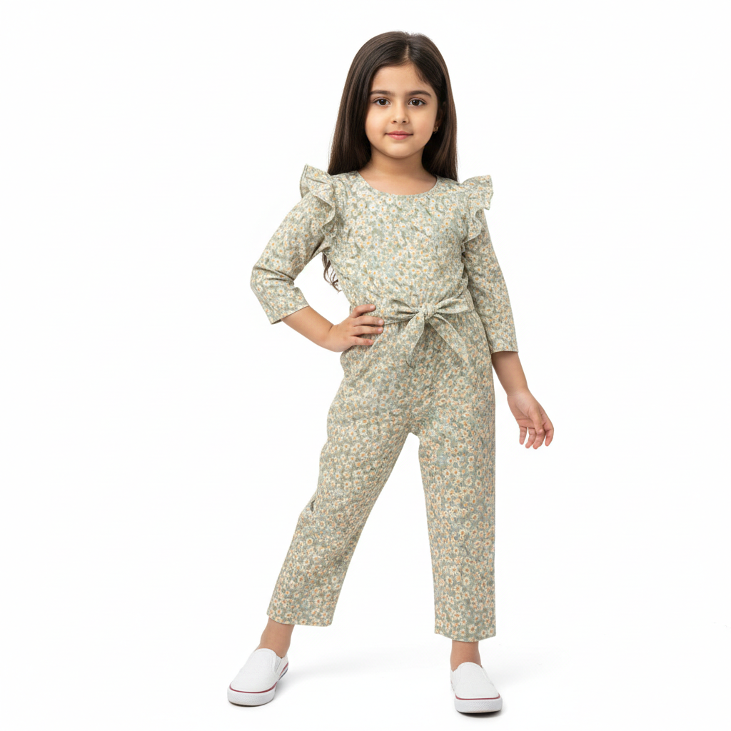Girls Light Green Floral Jumpsuits