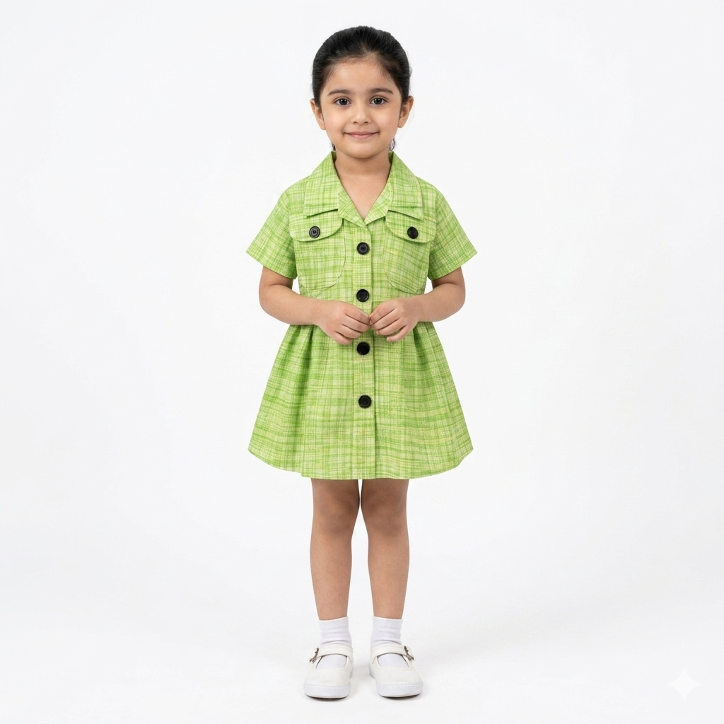 Summer Girls Frock - Green Cotton Button Design (Ages 2-5)
