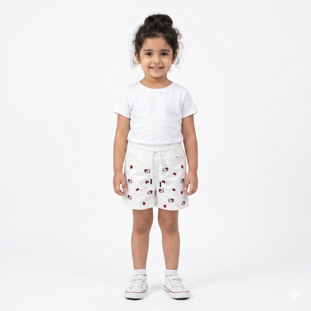 Girls White Cute Kitty Embroidery Denim Shorts (6 Months - 5 Years)