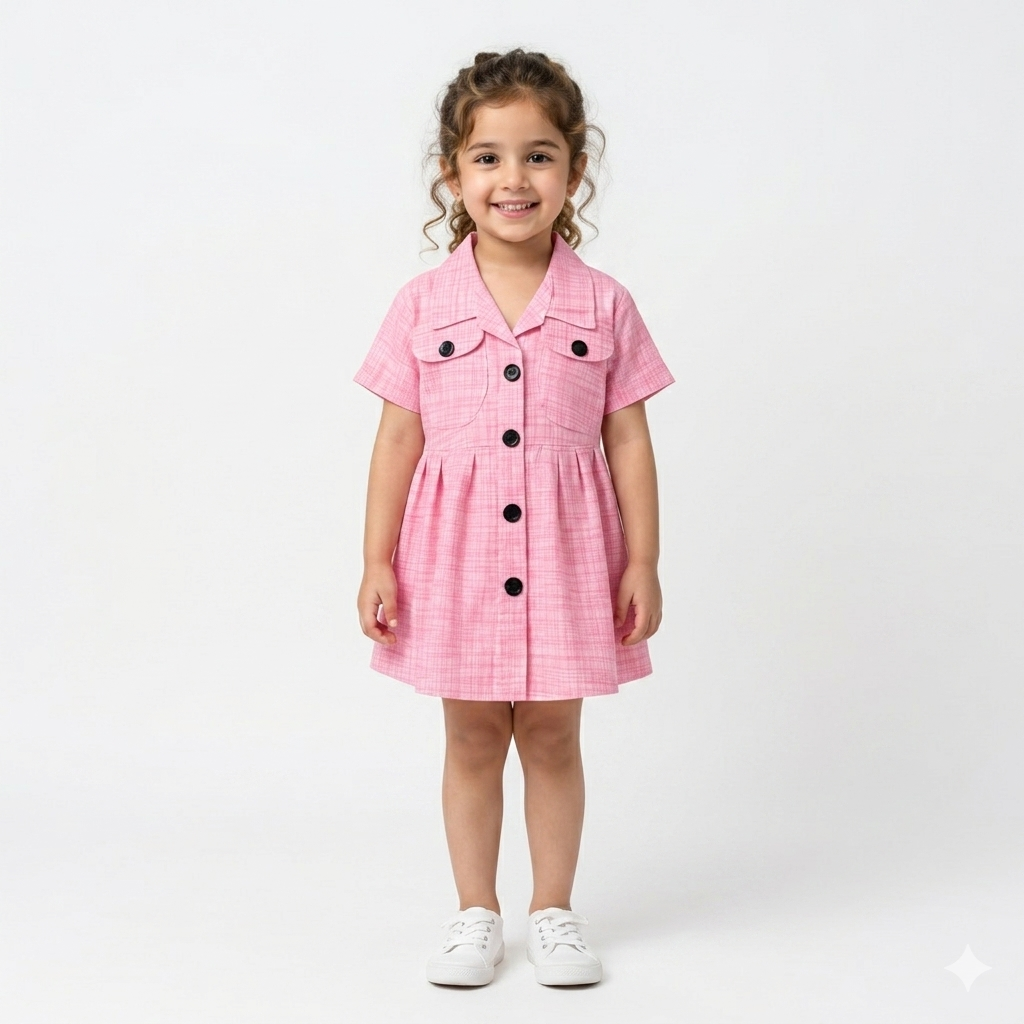Summer Girls Frock - Pink Cotton Button Design (Ages 2-5)