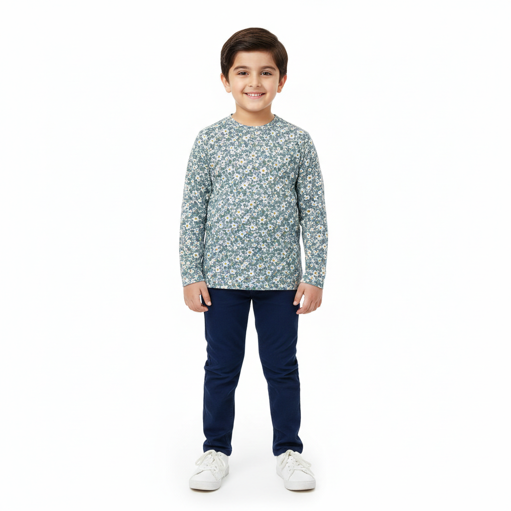 Green Floral Print Full Sleeves Grey T‑Shirt