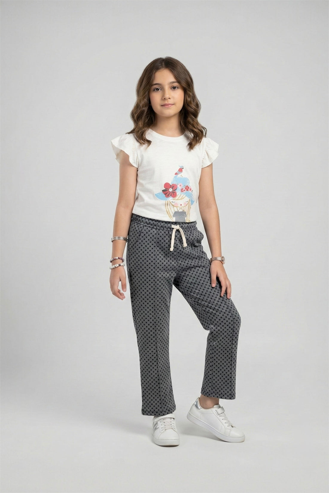 Girls Premium Quality "Cap Girl" Printed Summer Suit With Grey Trouser