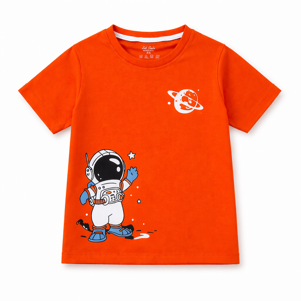Orange Astronaut Print Coord Set 2-Piece for Kids | Summer Jersey Cotton Fabric | Sizes 1–12 Years