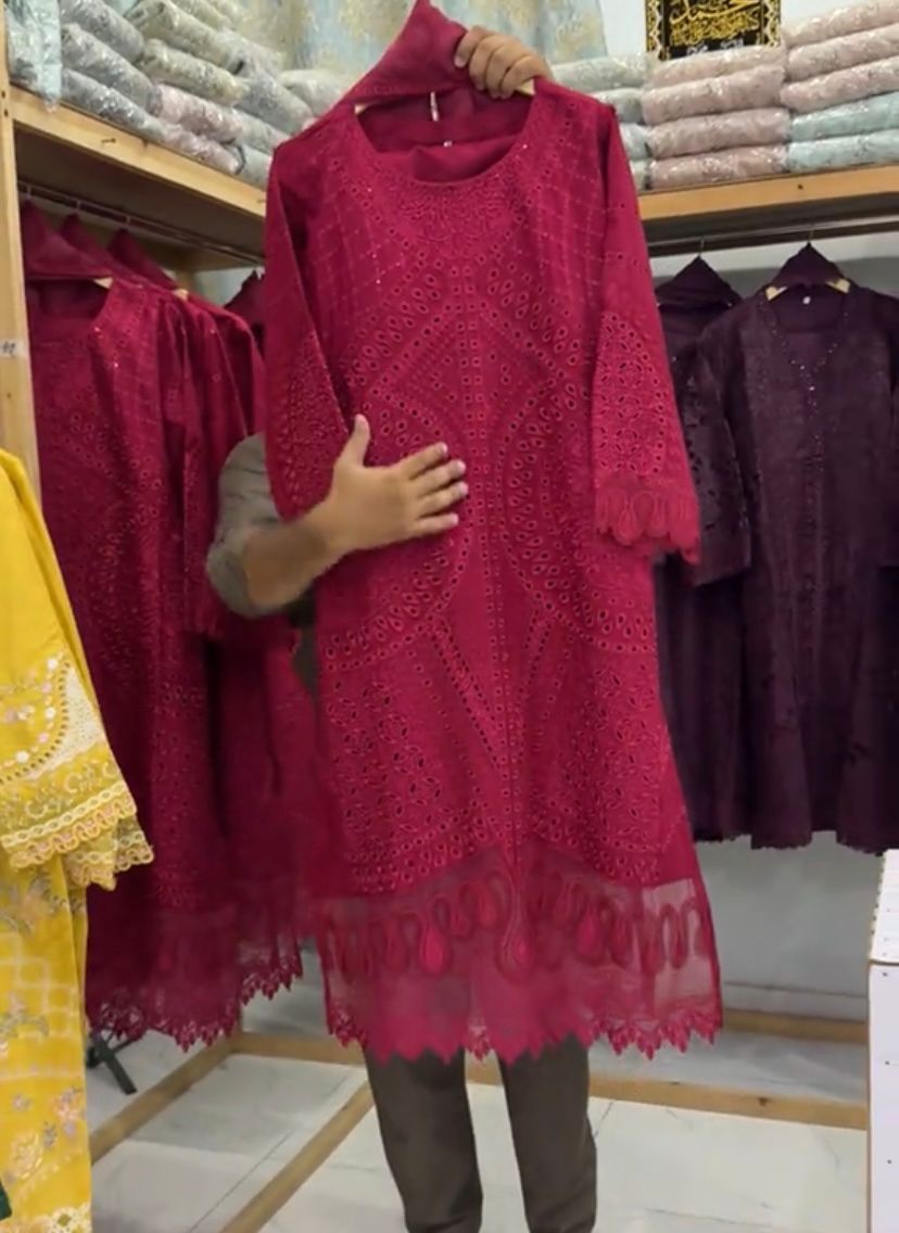 Chicken Kari Lawn 3 Piece Maroon Sticthed Suit