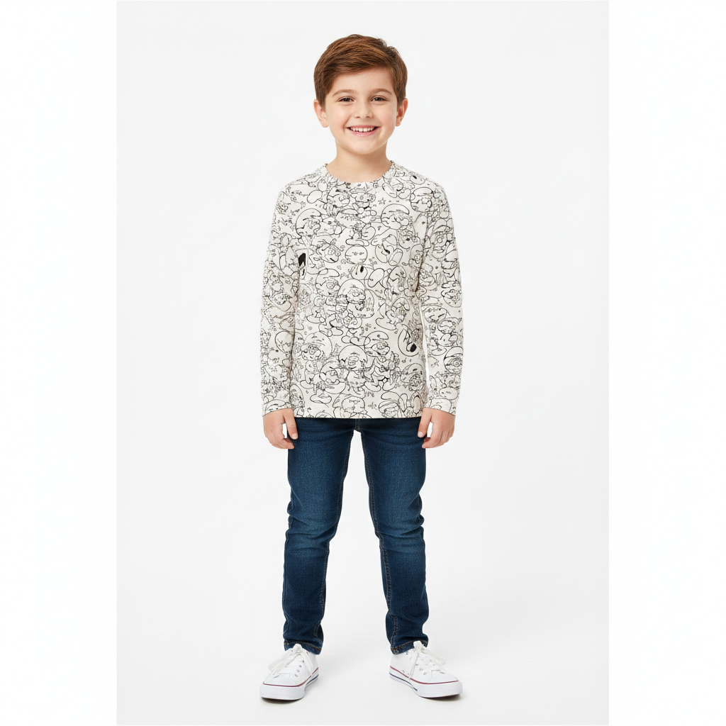 Cartoon Print Full Sleeves White T‑Shirt
